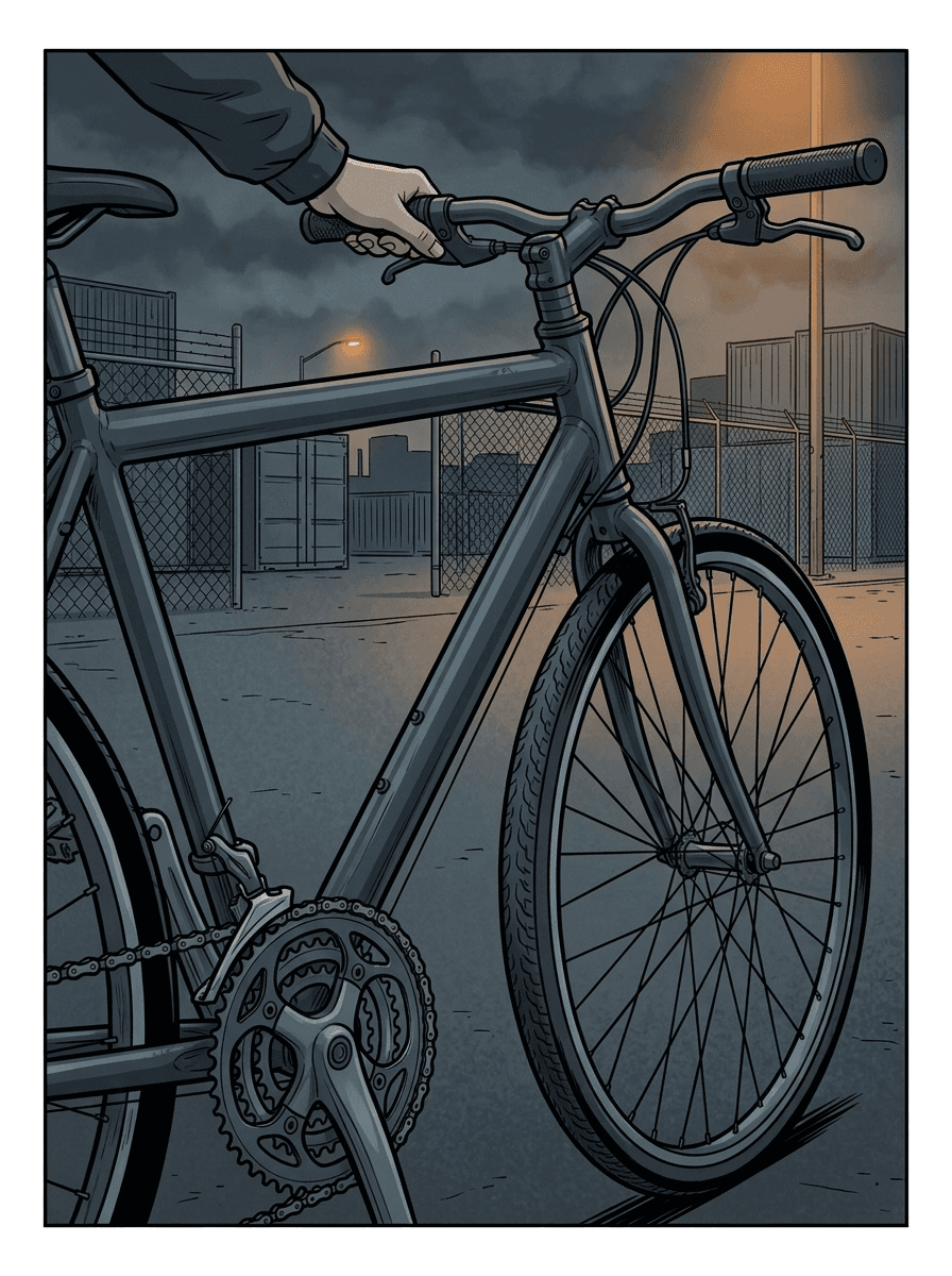 Close-up of a commuter bicycle's chain and a slightly crooked front derailleur under orange streetlight.