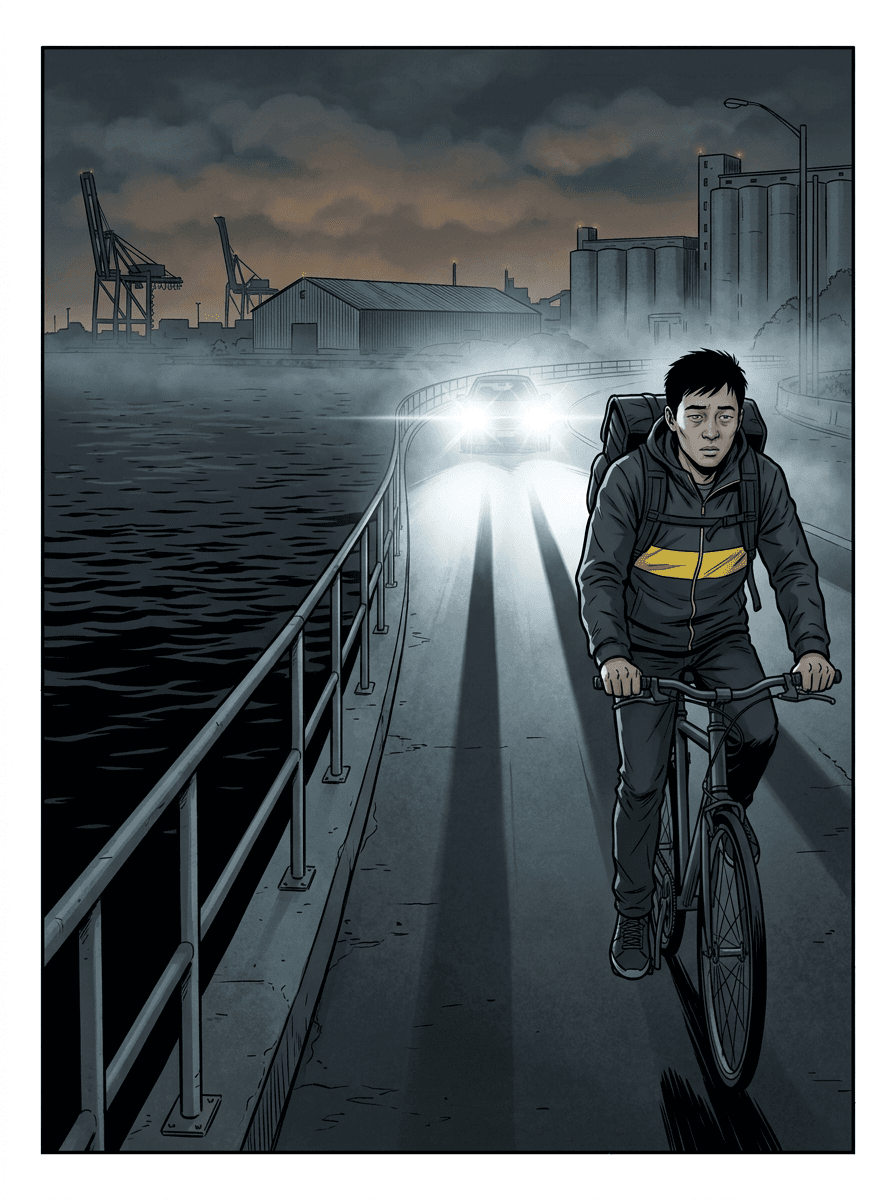 Wei Chen cycles along a dark waterfront path beside a low railing, car headlights sweeping around the curve behind him.