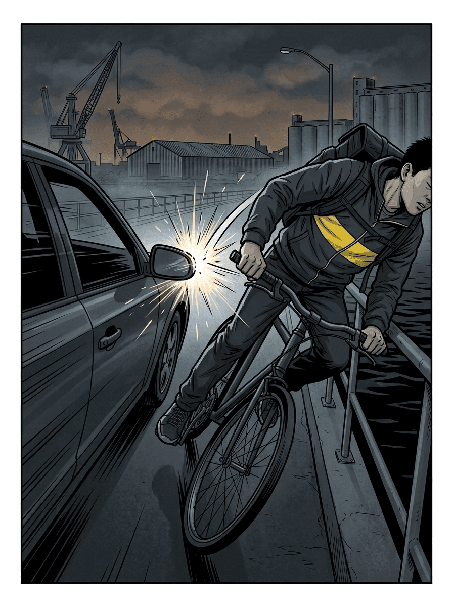 A passing car's side mirror clips the left end of the bicycle's handlebar, tipping the bike toward the railing and the harbour.