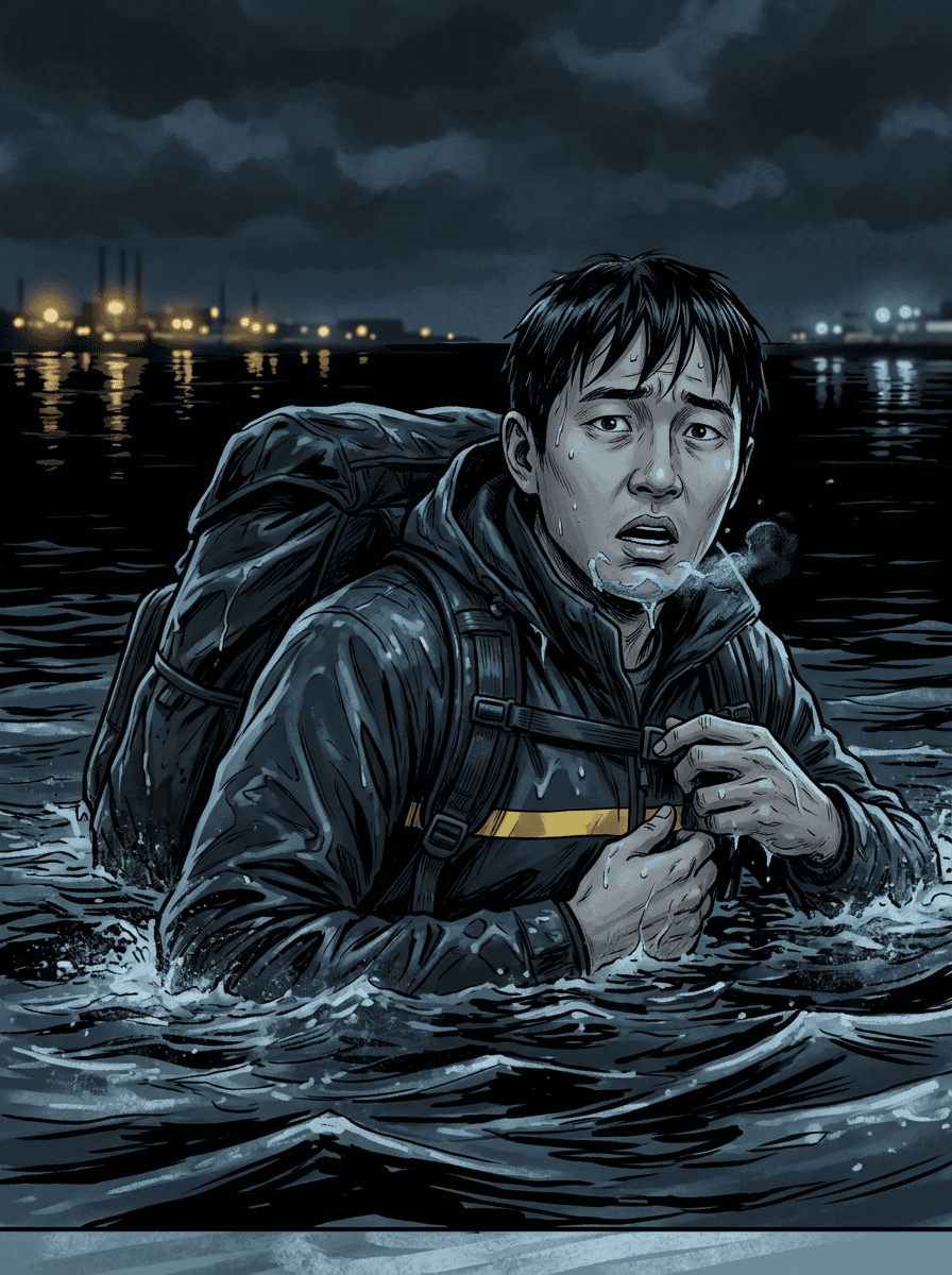 Wei Chen struggles in black harbour water, weighed down by his delivery jacket and backpack, fumbling at the strap.
