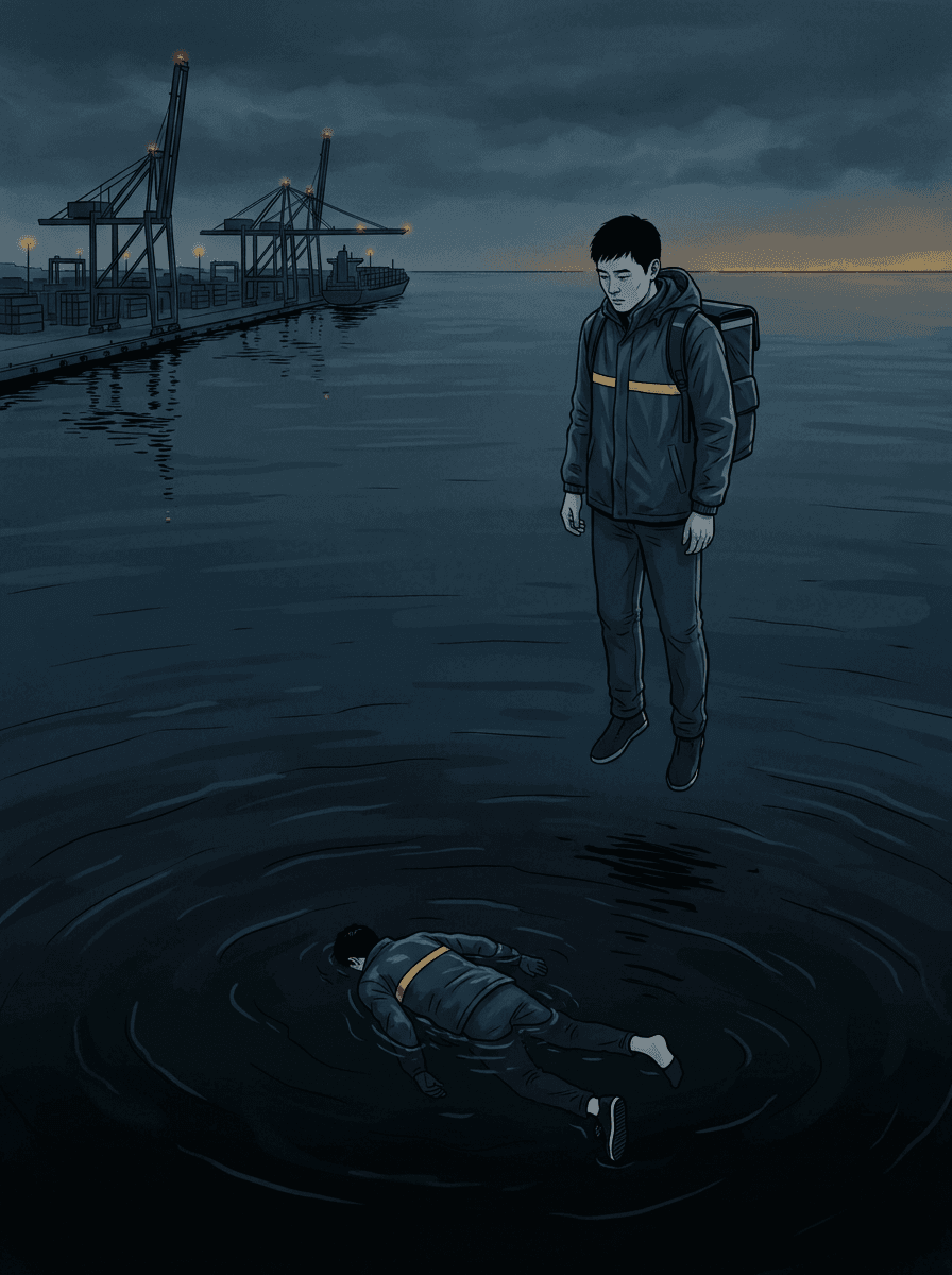 Wei Chen stands in the air above the harbour, looking down at his own body floating face-down, missing one shoe.