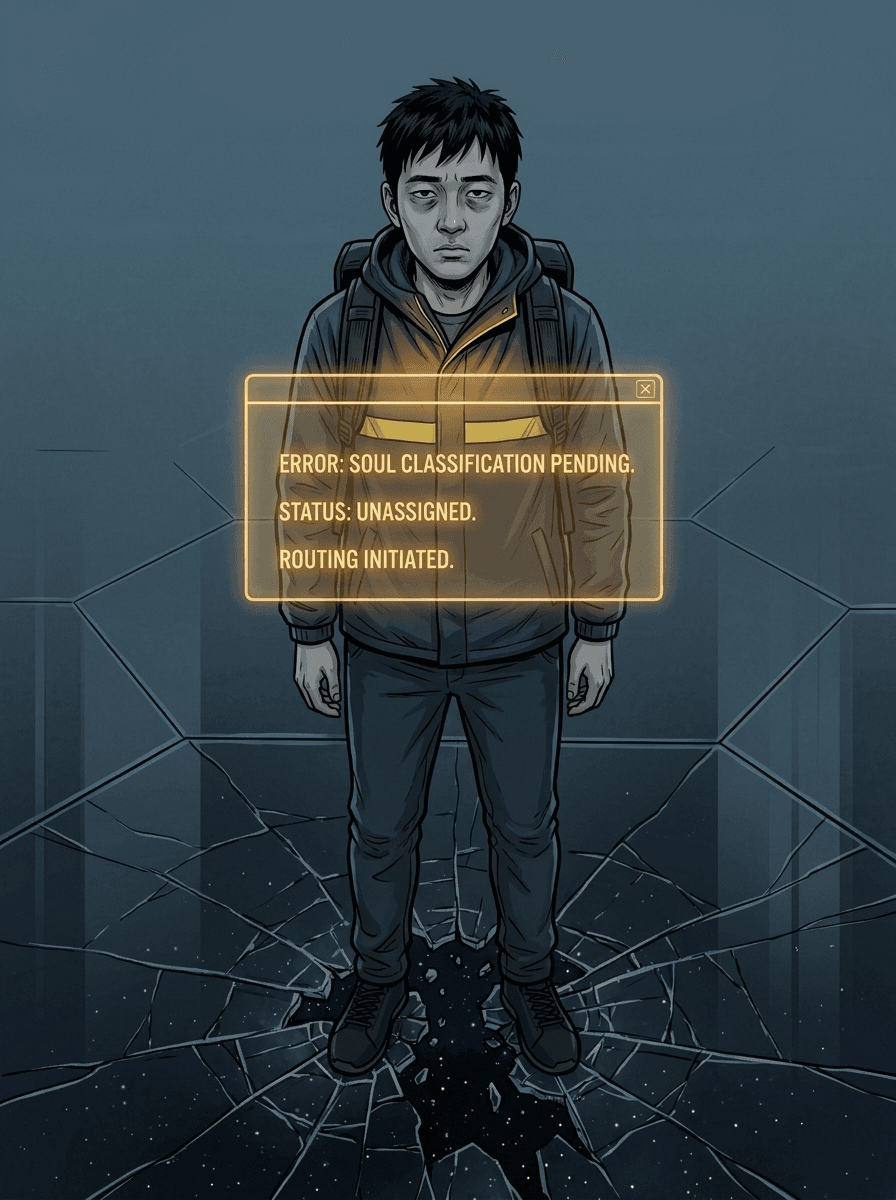 Glowing gold text reading 'Error: soul classification pending. Status: unassigned. Routing initiated.' hangs beside Wei Chen, who looks unimpressed as the dark surface beneath him cracks.
