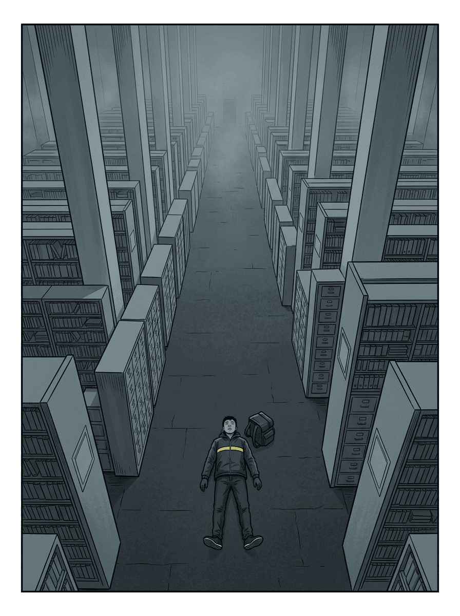 Wei Chen lies on his back on the stone floor of an enormous, dim hall lined with endless shelves and filing cabinets.