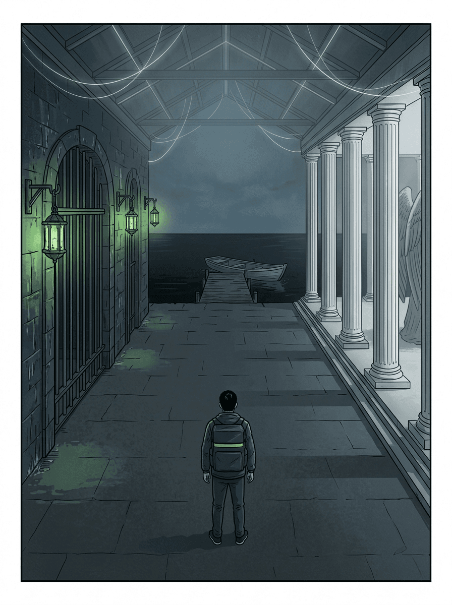 Wei Chen, seen from behind, faces green lanterns over an iron gate on the left, white marble columns on the right, and a dark dock with an empty boat ahead, under faint glowing cables.