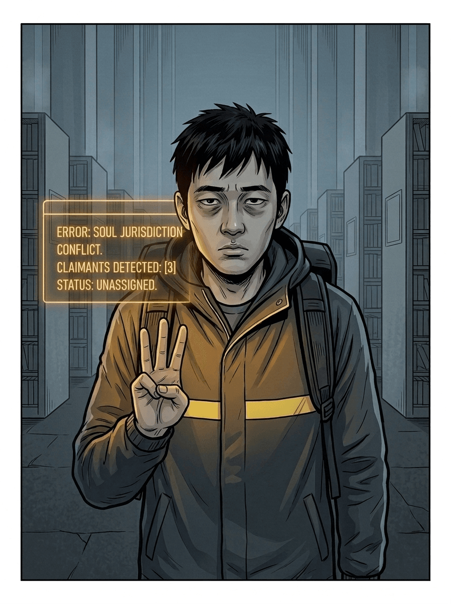 Gold text reading 'Error: soul jurisdiction conflict. Claimants detected: 3. Status: unassigned.' floats beside Wei Chen, who holds up three fingers.