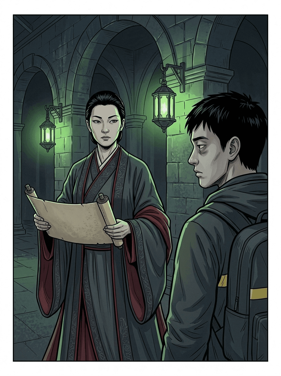 A woman in black and crimson robes holding an unrolled scroll regards Wei Chen without expression under green lantern light.