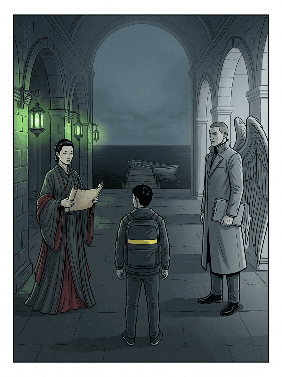Wei Chen stands between a robed woman with a scroll, a tall winged figure in a gray coat holding a folder, and an empty boat at a dark dock.
