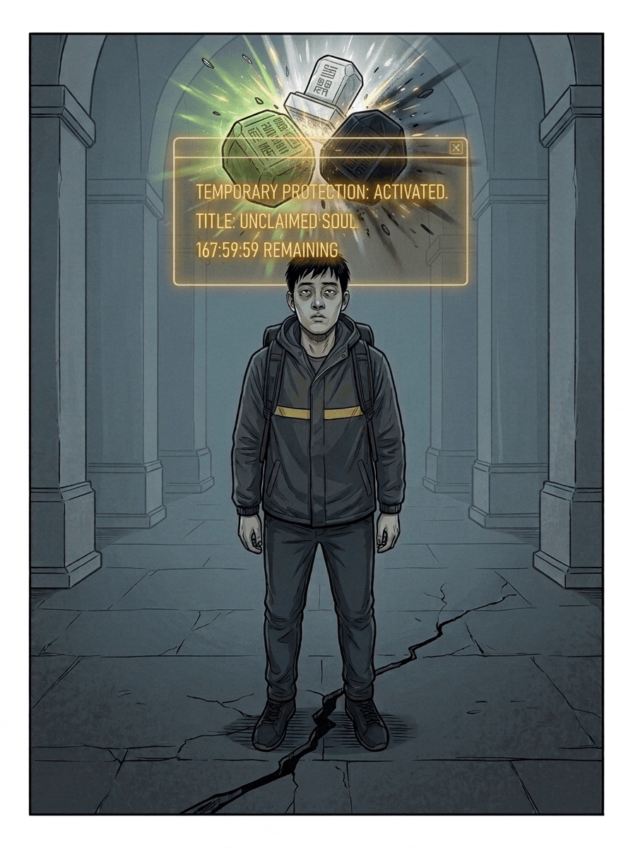 Three glowing seals collide above Wei Chen as gold text declares him an unclaimed soul with 167 hours remaining, and the floor cracks beneath him.